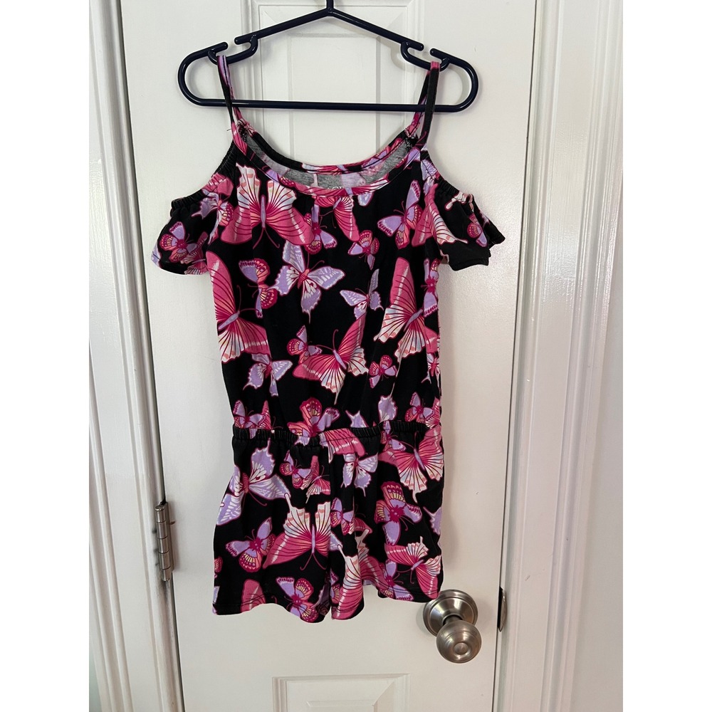 The Childrens Place Girls Butterfly Cold Shoulder Romper Black Pink Size M 7/8
